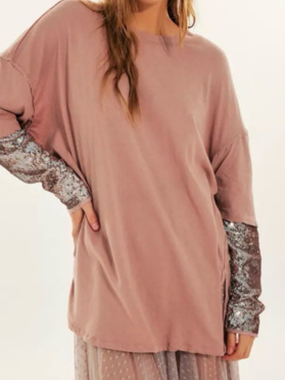 Free People Dusty Rose Long Sleeve Tee with Sequin Cuffs